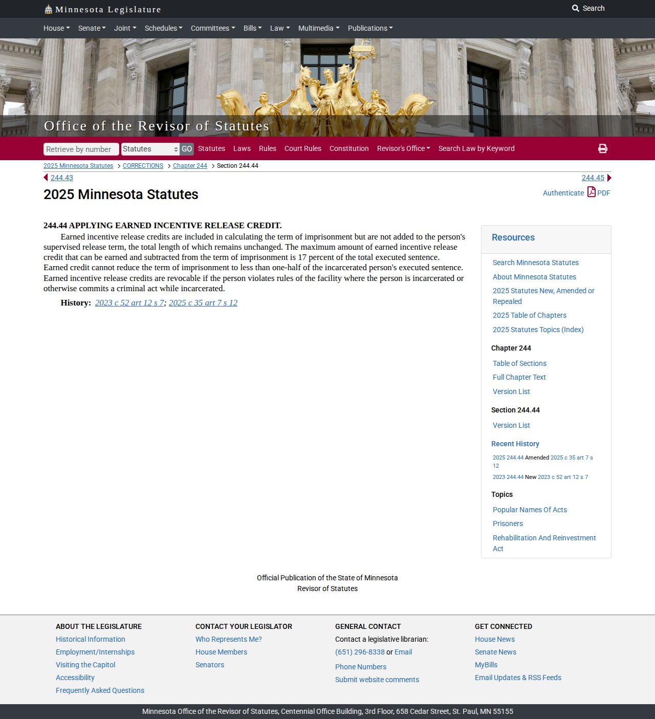 Minnesota earned incentive release statute showing the current credit ceiling and limits