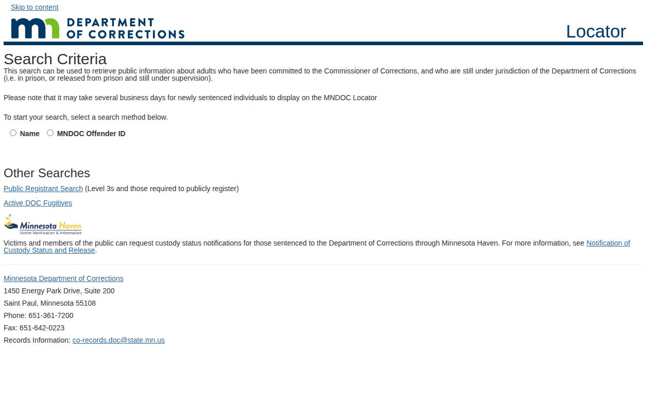 Other Minnesota DOC facilities offender release search fields
