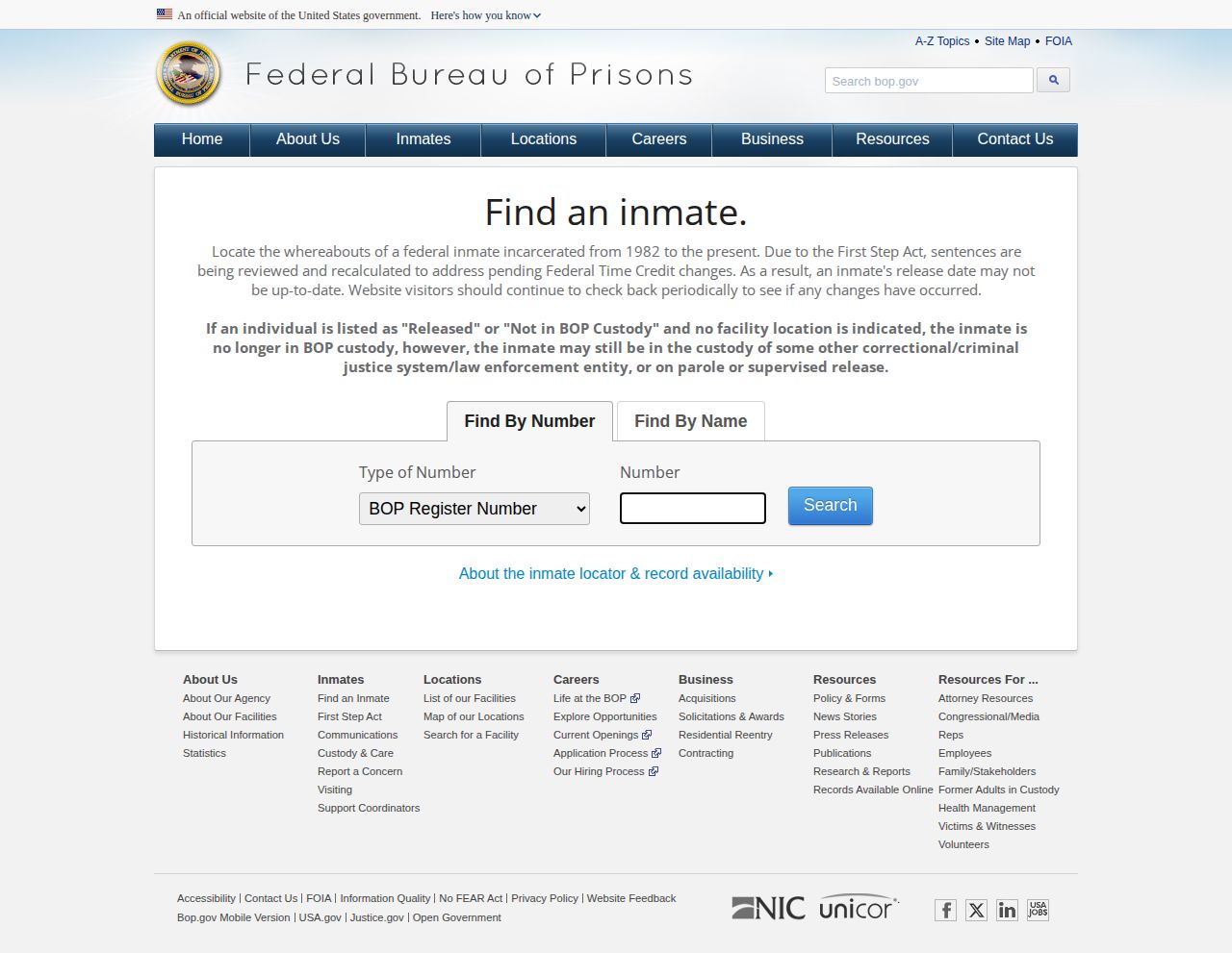 Federal Bureau of Prisons inmate locator search fields