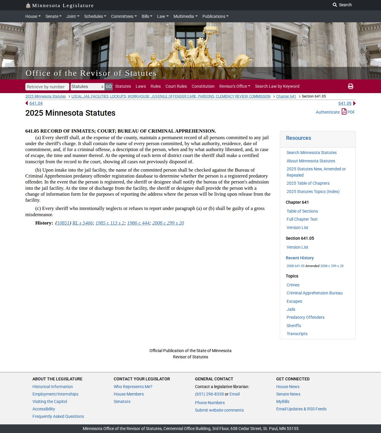 Blue Earth County release record requirement under Minnesota Statutes section 641.05