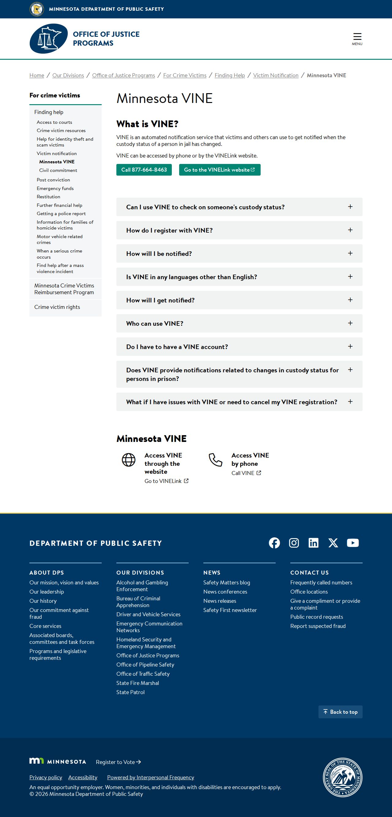 Minnesota public safety page defining VINE as the county jail notification service