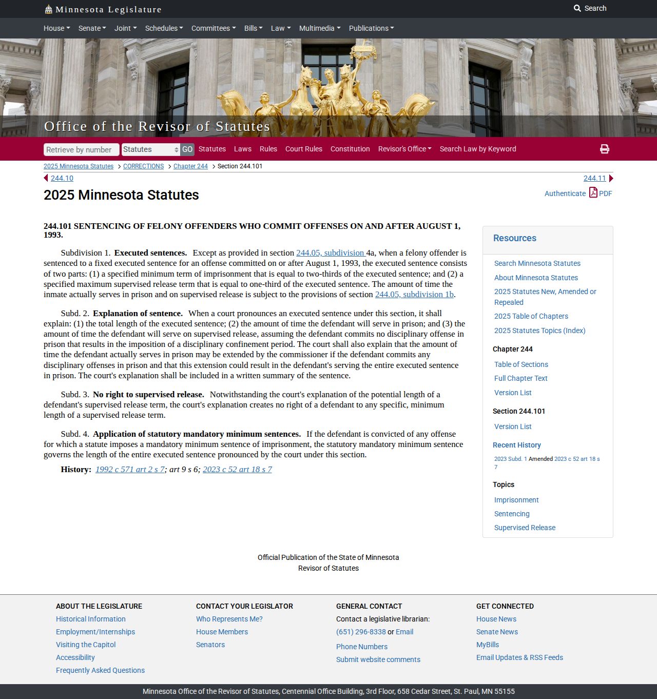 Minnesota statute showing the two-thirds imprisonment and one-third supervised-release structure
